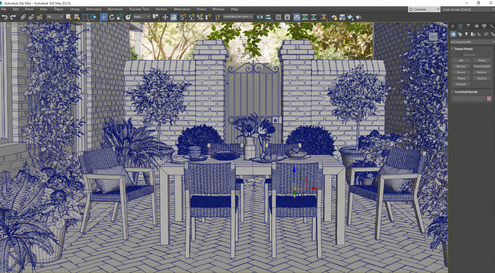 3D CAD wireframe model of an outdoor dining scene