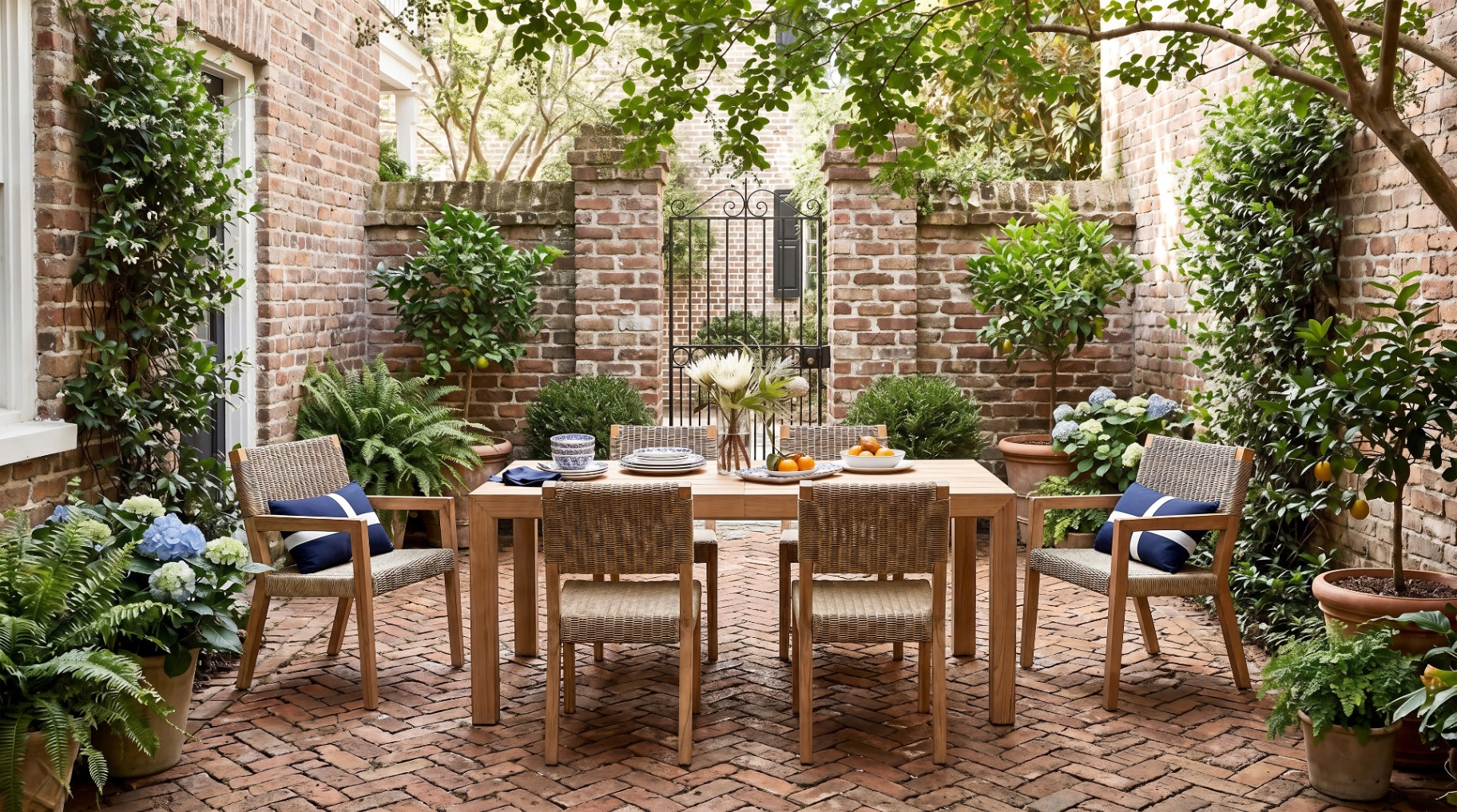 Photorealistic render of a teak dining set in a brick courtyard