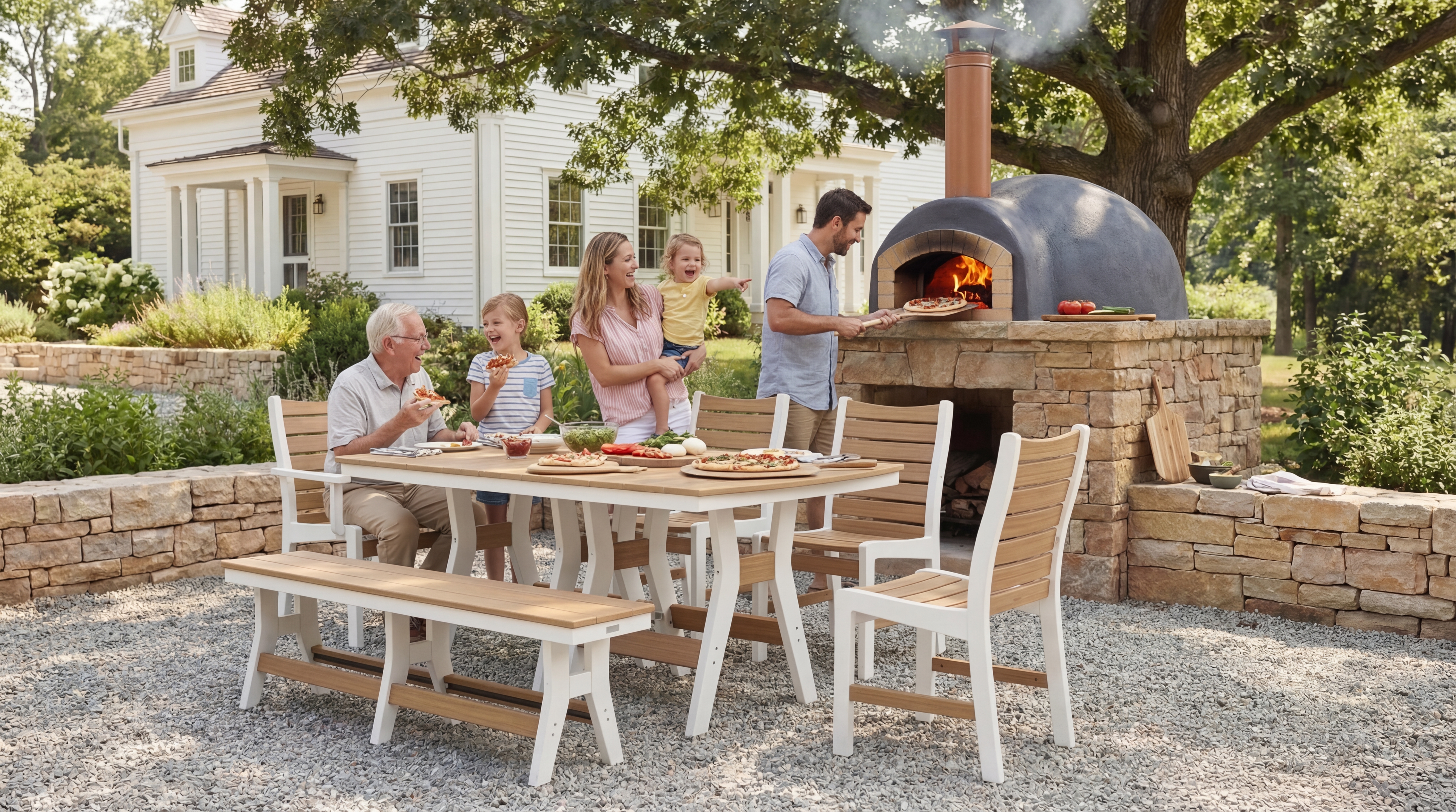 3D rendering of Berlin Gardens Bristol Dining with Pizza Oven, Lifestyle — Outdoor Lifestyle