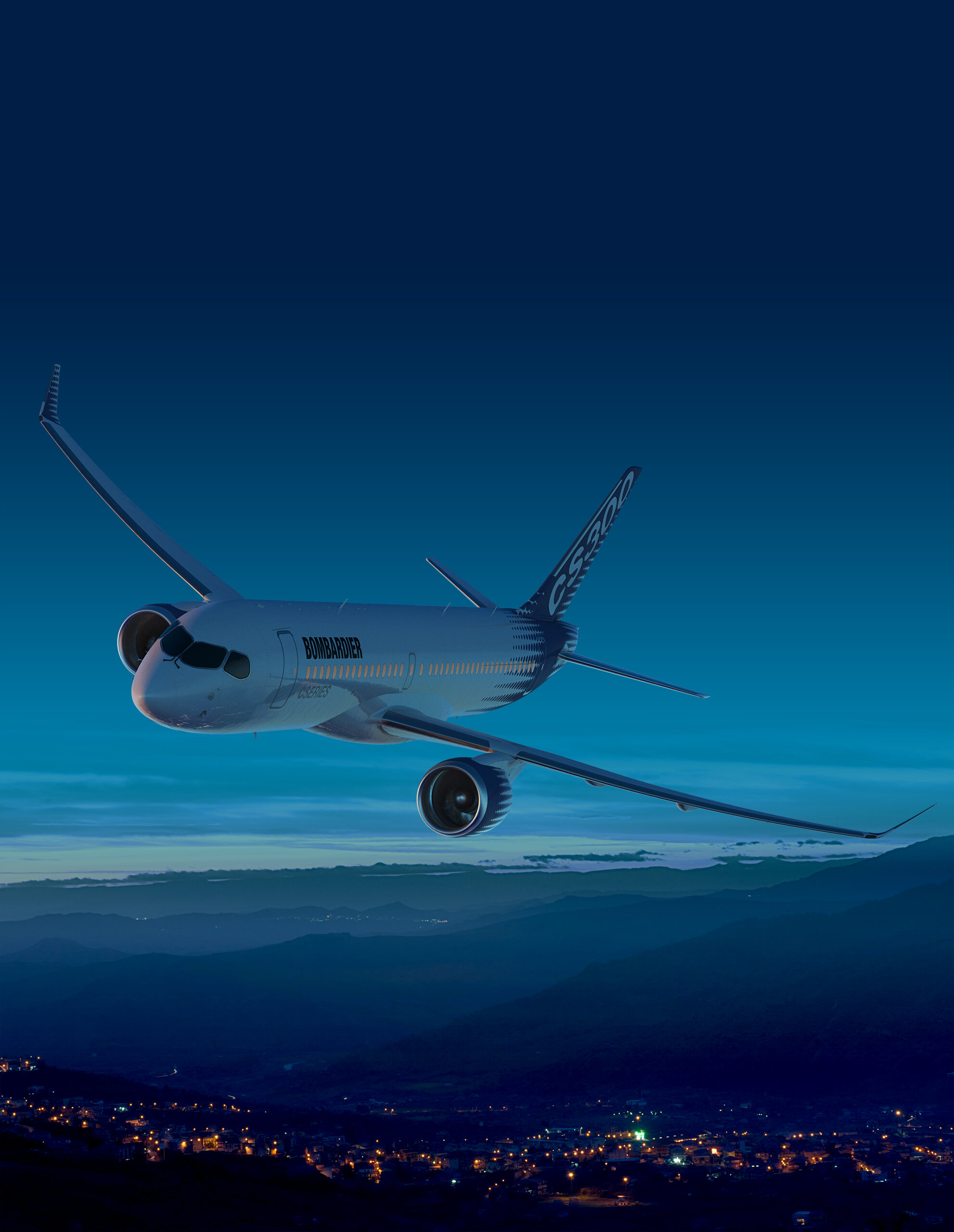 3D rendering of Bombardier CS300, Aerial View — Aviation