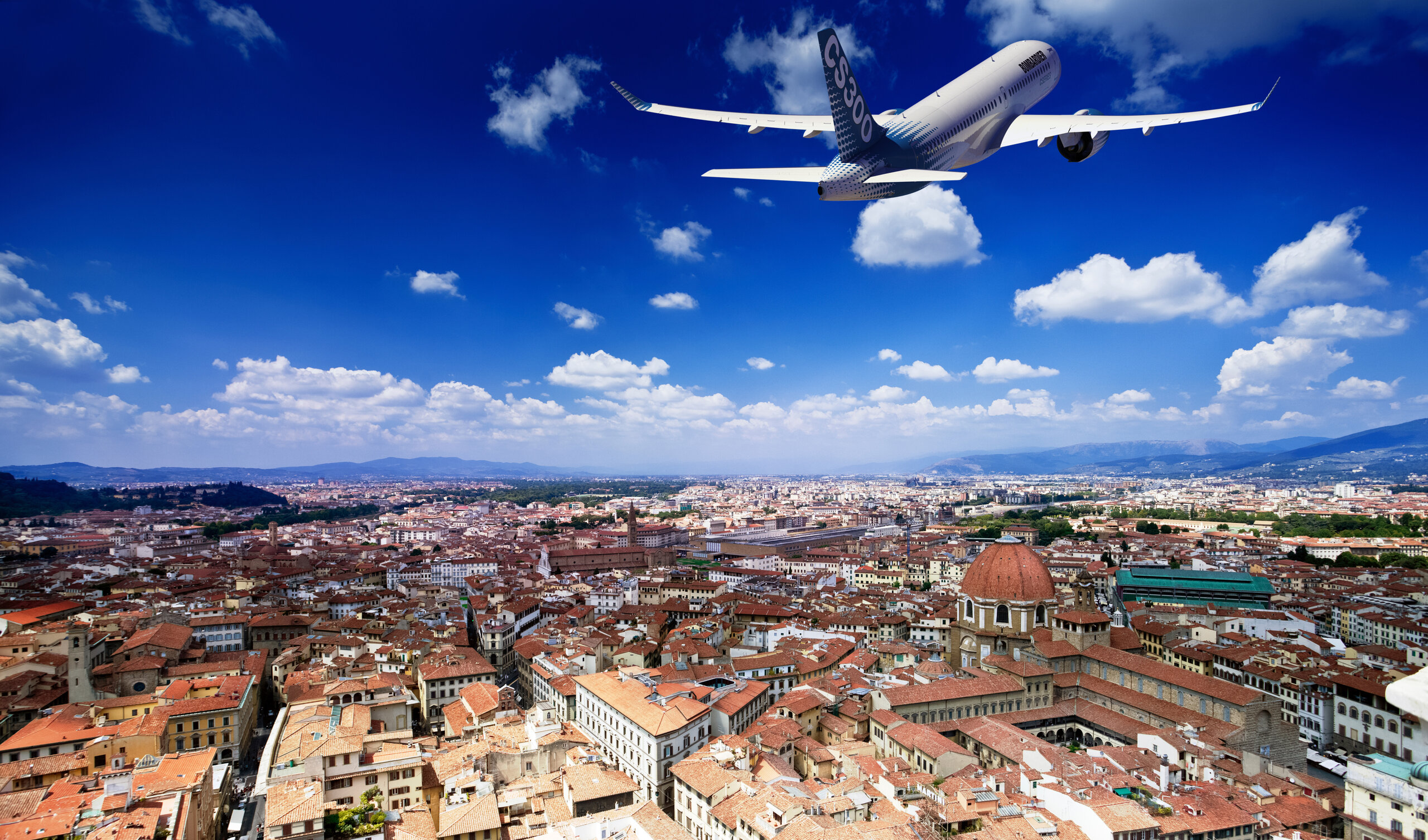 3D rendering of Bombardier CS300 over Florence — Aviation