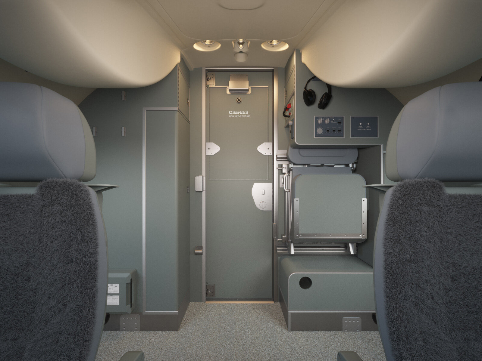 3D rendering of Bombardier CSeries Cockpit, Back View with Seats — Aviation