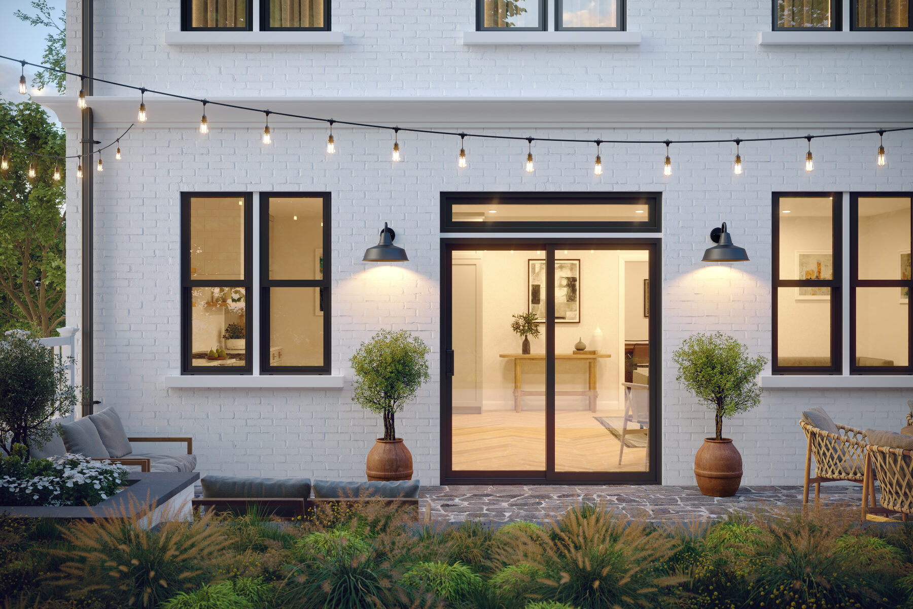 3D rendering of Jeld-Wen Jeld-Wen Patio Doors, Twilight Courtyard — Architecture