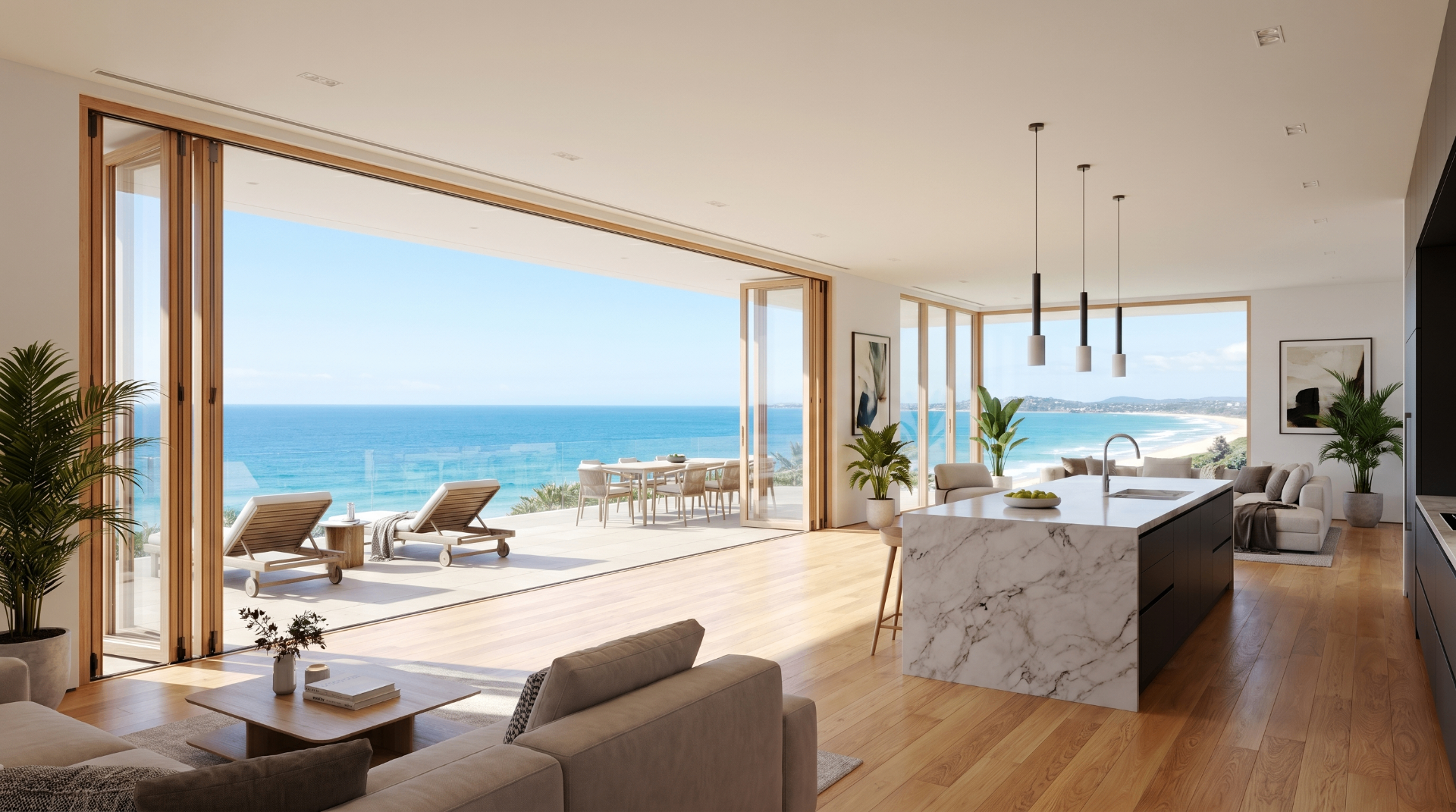 3D rendering of Jeld-Wen LaCantina Folding Door, Oceanfront Residence — Architecture