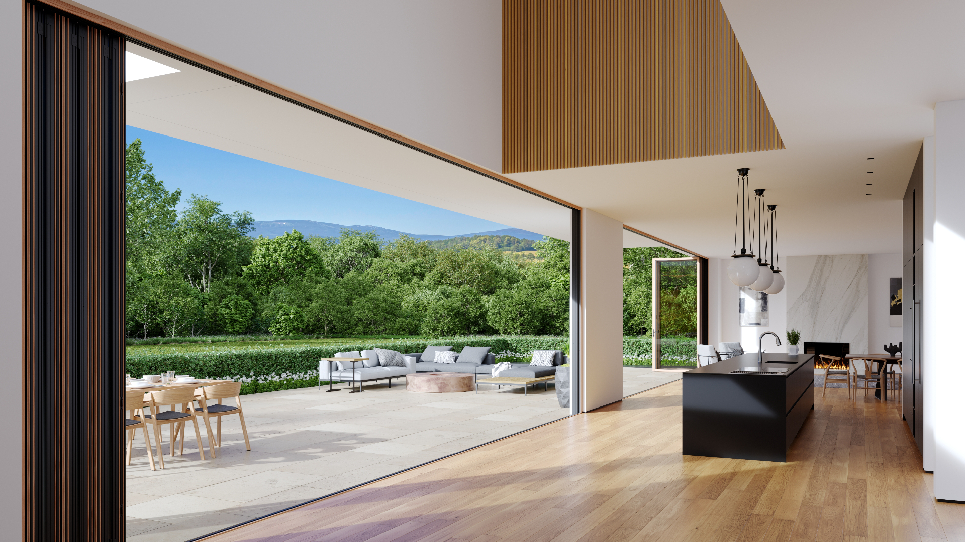 3D rendering of Jeld-Wen LaCantina Folding Door, Open — Architecture