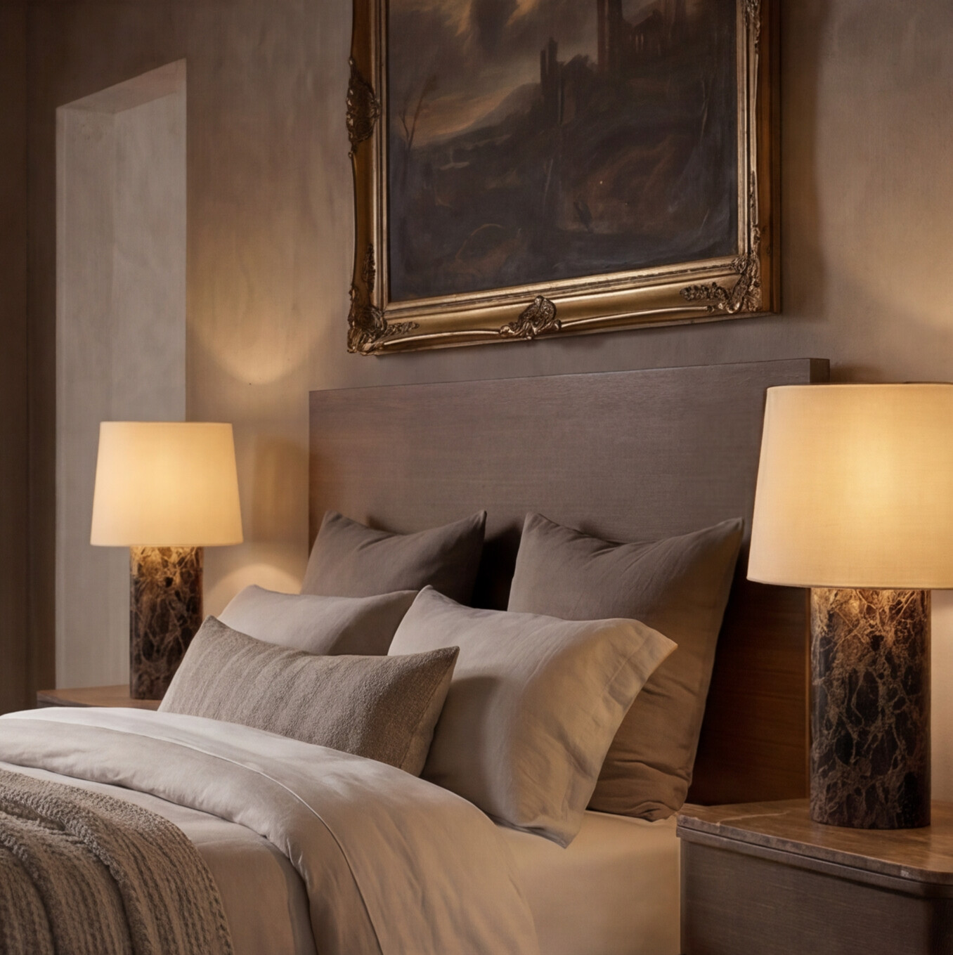 Restoration Hardware Ligne Bed with Mycena Lamps, Close-Up