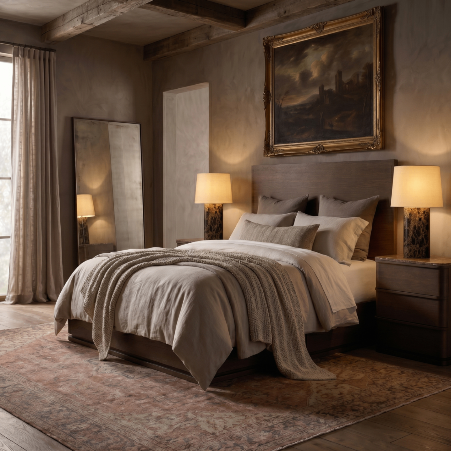 3D rendering of Restoration Hardware Ligne Bed with Mycena Lamps, Plaster Suite — Bedroom