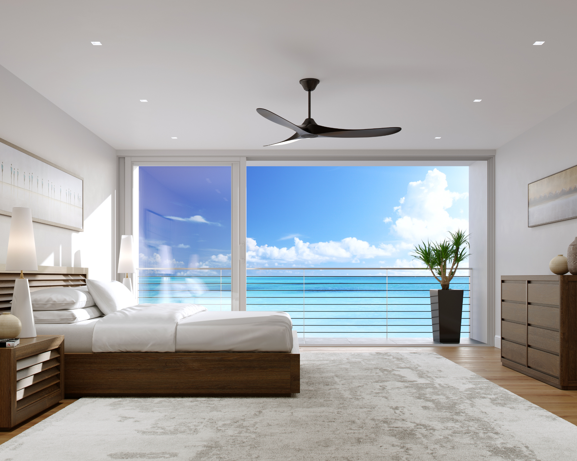 3D rendering of Visual Comfort Maverick Ceiling Fan, Oceanfront Bedroom — Bedroom