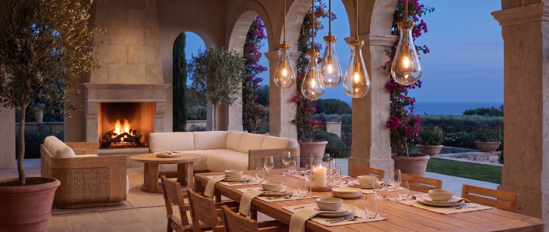 3D rendering of Restoration Hardware Rain Outdoor Pendants, Sedona Cane Teak — Exterior