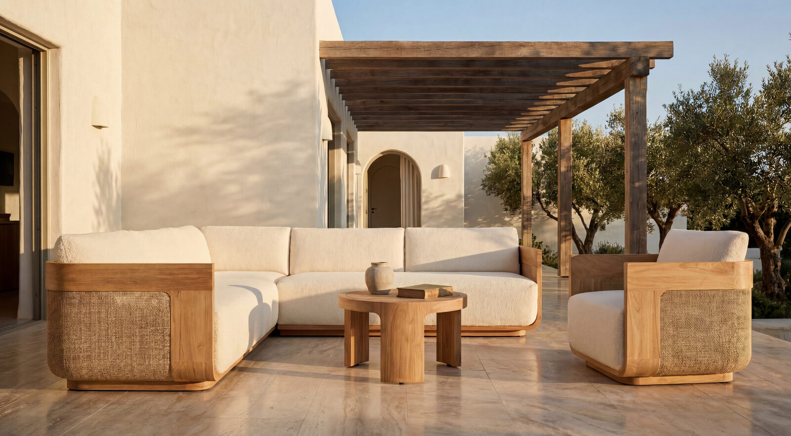 3D rendering of Restoration Hardware Sedona Cane & Teak Collection, Mediterranean Terrace — Exterior