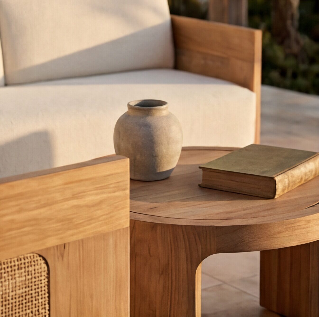 3D rendering of Restoration Hardware Sedona Teak Side Table, Styled Detail — Exterior