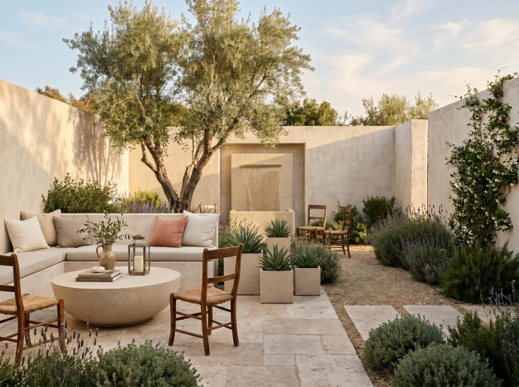 3D rendering of Restoration Hardware Terreno Courtyard, Table Fountain & Planters — Exterior